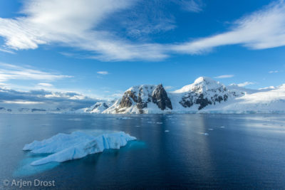 Typical scenery of the Antarctic Peninsula with icebergs, mountains and glaciers